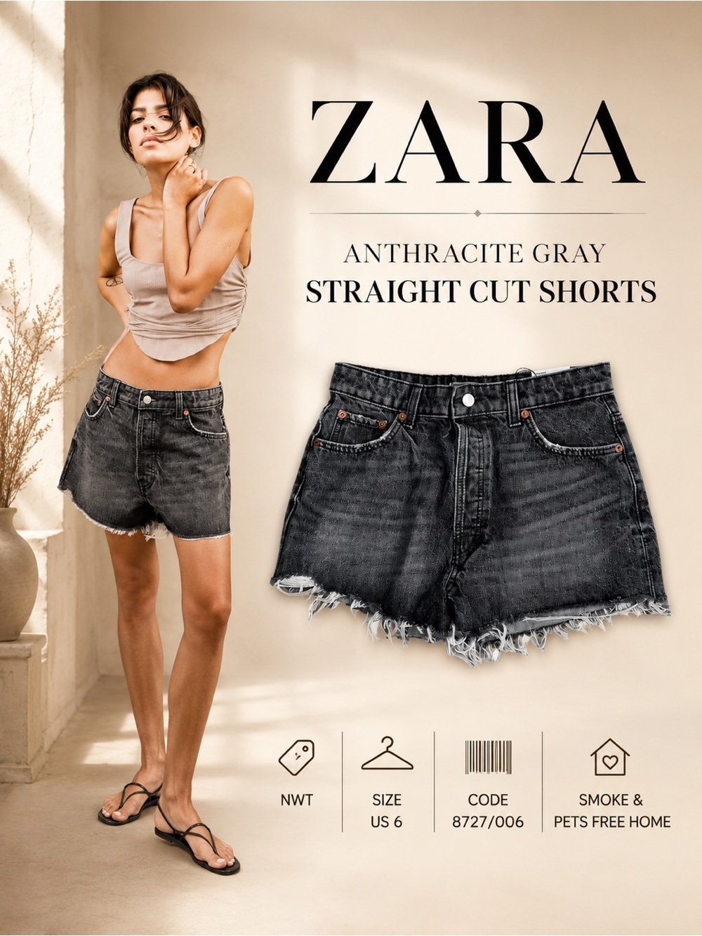ZARA Anthracite Gray High Rise Straight Cut Denim Shorts NWT Size 6